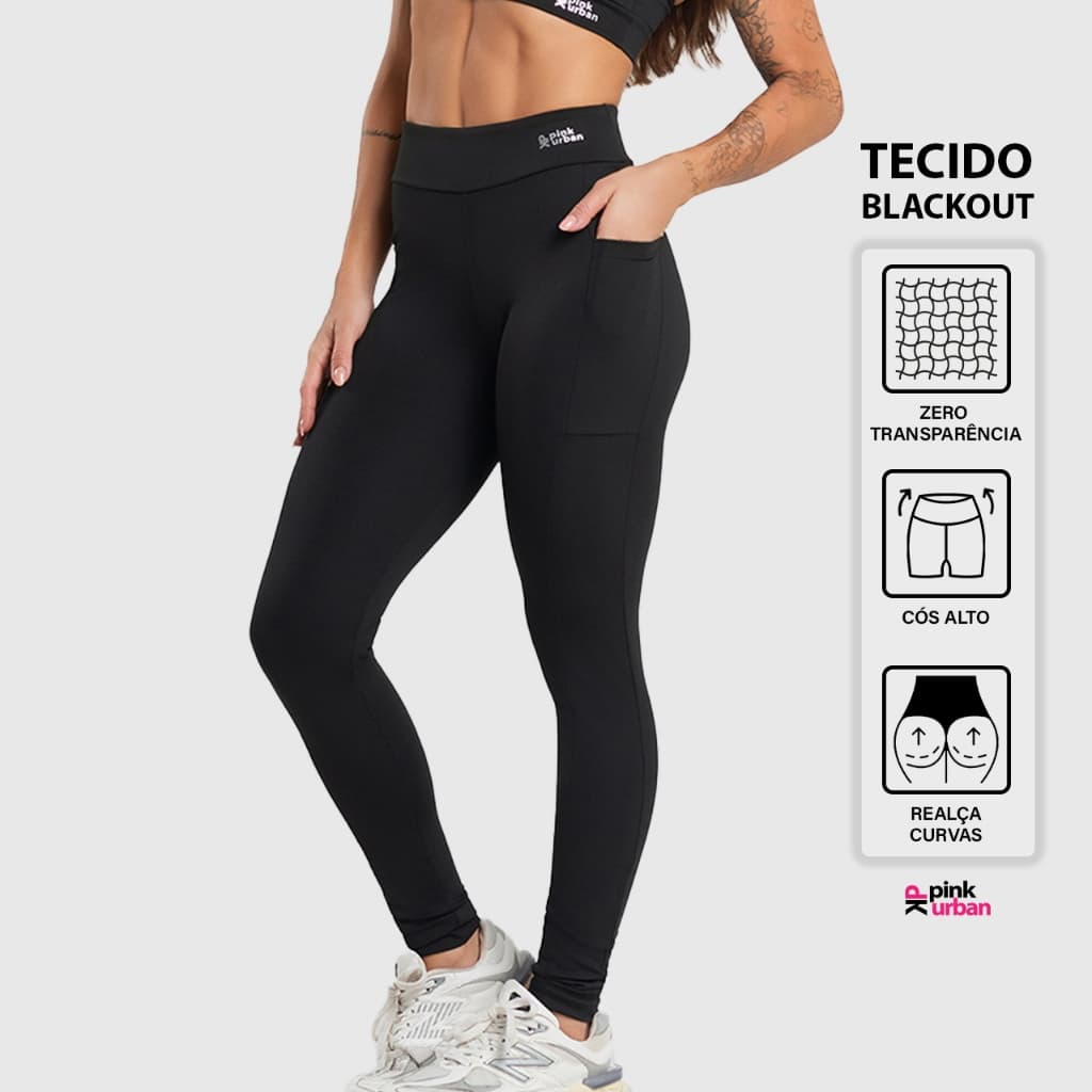 Calça Legging Fitness Feminino Bolso Cintura Alta Balance Blackout Zero Transparência