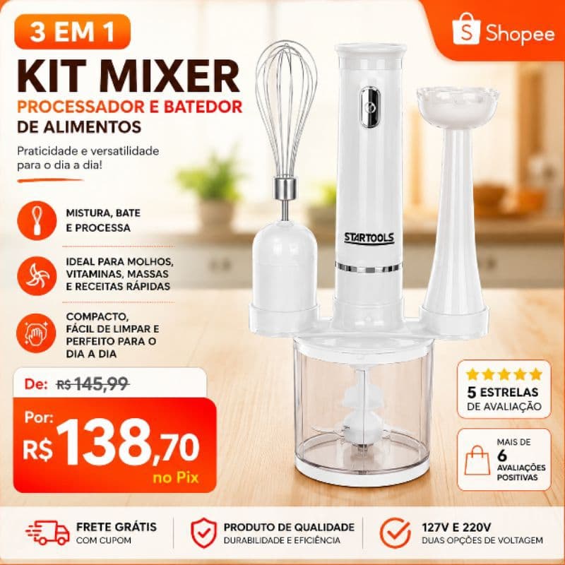 Mixer 3 em 1 Branco ou  Preto,  Bate, Mistura, Processa com Praticidade Total, Super Luxo, Lindo  😍.