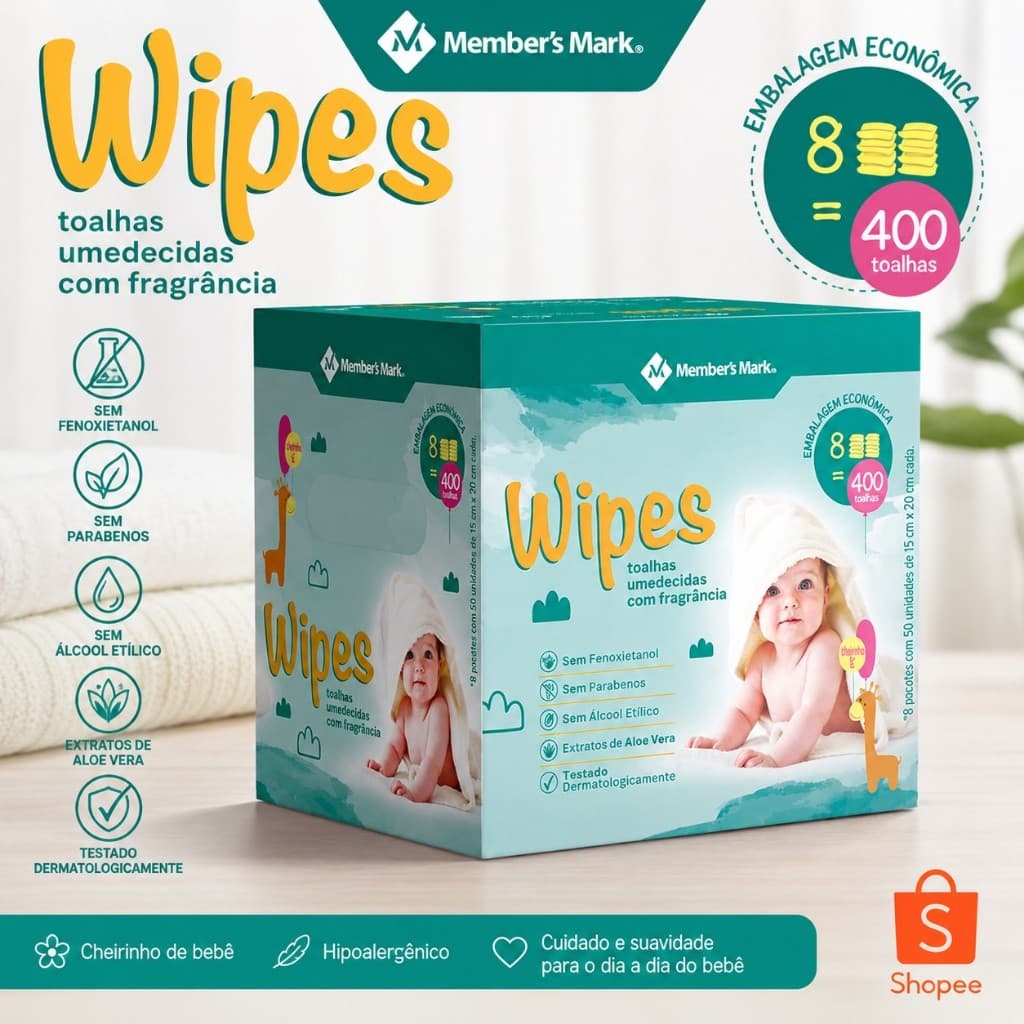 Toalhas Umedecidas Wipes Member’s Mark 400 Unidades Com Aloe Vera Hipoalergênica Para Bebê