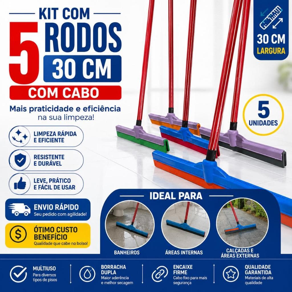 kit 5 rodos de 30cm plástico  com 5 cabos