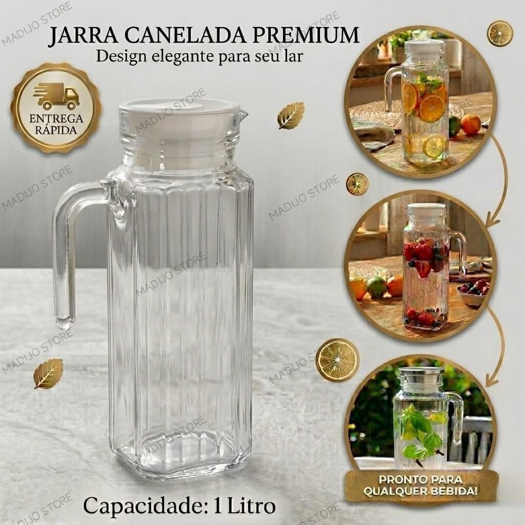 Jarra de Vidro 1 Litro com Tampa, Jarra de Suco, Jarra de Agua, Design Canelado - Envio Rápido