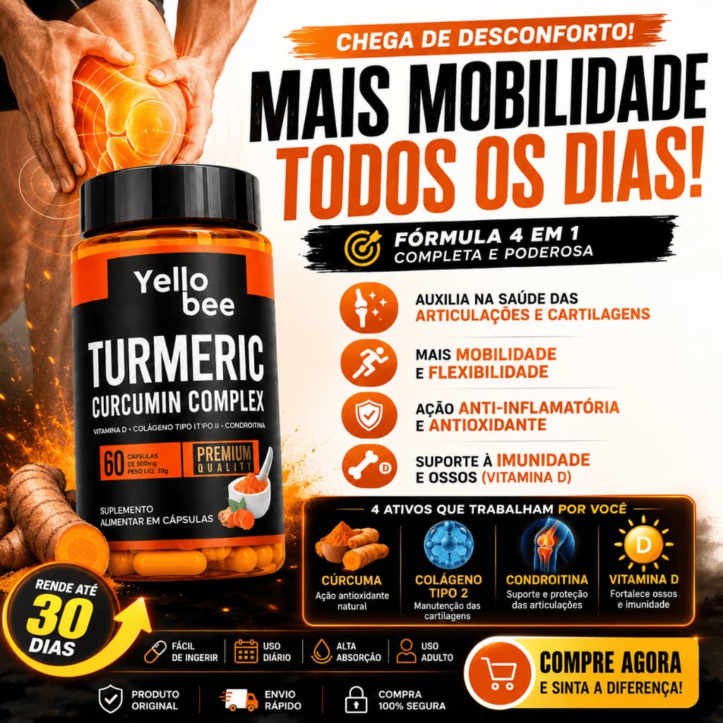 Cúrcuma Colágeno Tipo 2 Joelho Coluna Articulação Vitamina D Condroitina 60 Cáps 500mg alta absorção