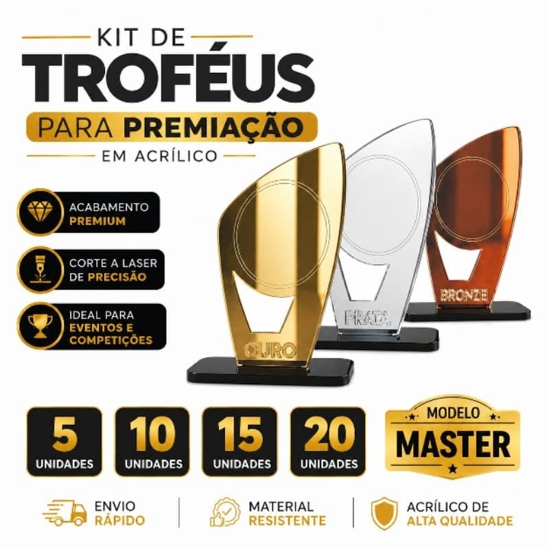 Kit de Troféus em Acrilico para Eventos, Competições e Premiações – 5, 10, 15 ou 20 Unidades | Modelo Master