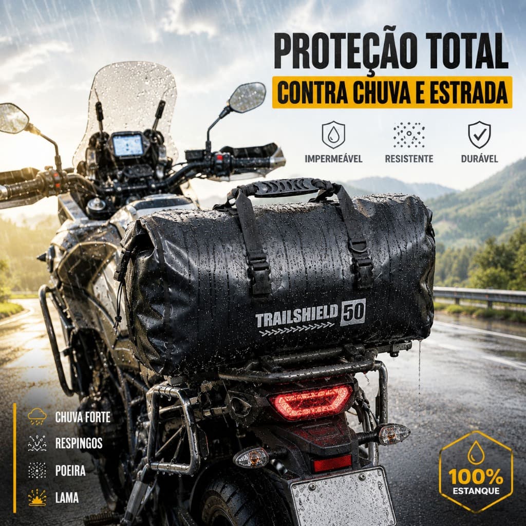 Bolsa Moto Alforge Impermeável Mala viagem 50L fechamento rolltop para vedação a prova dágua.