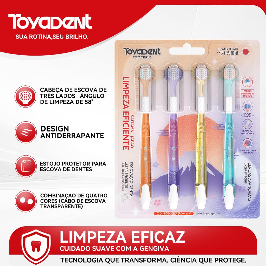 TOYADENT Escova de Dentes Tripla C/ Limpador de Língua,Cabeça Arqueada,Capas Protetoras
