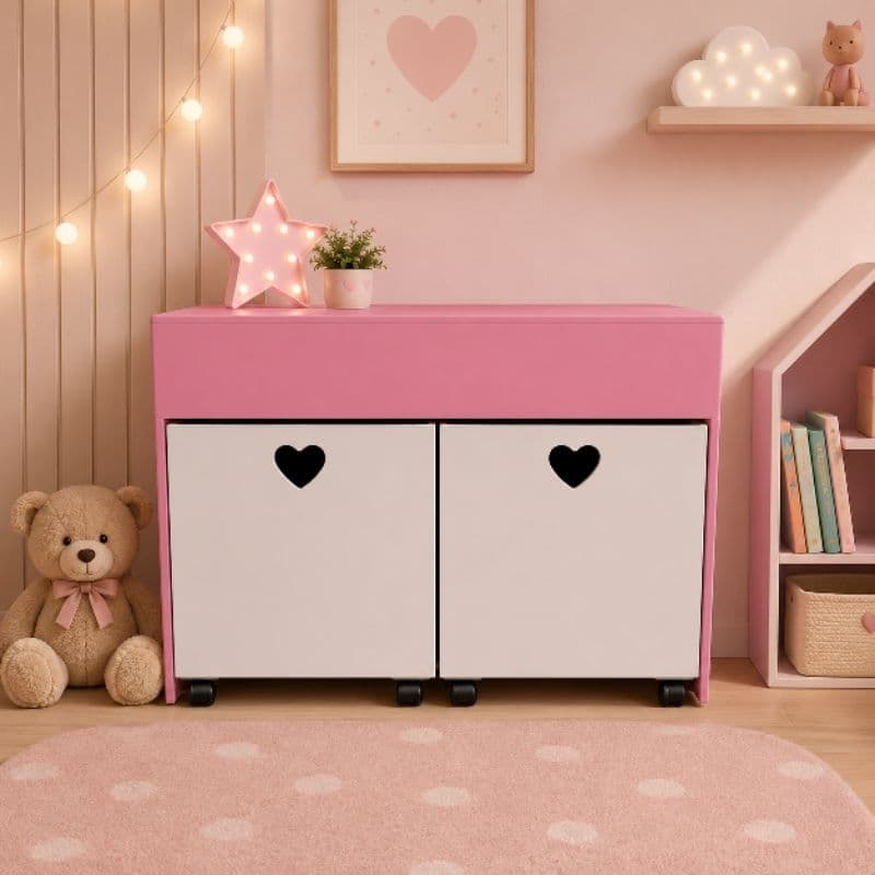 🐻 Organizador Infantil 2 Nichos Coração Com Rodinhas Em MDF