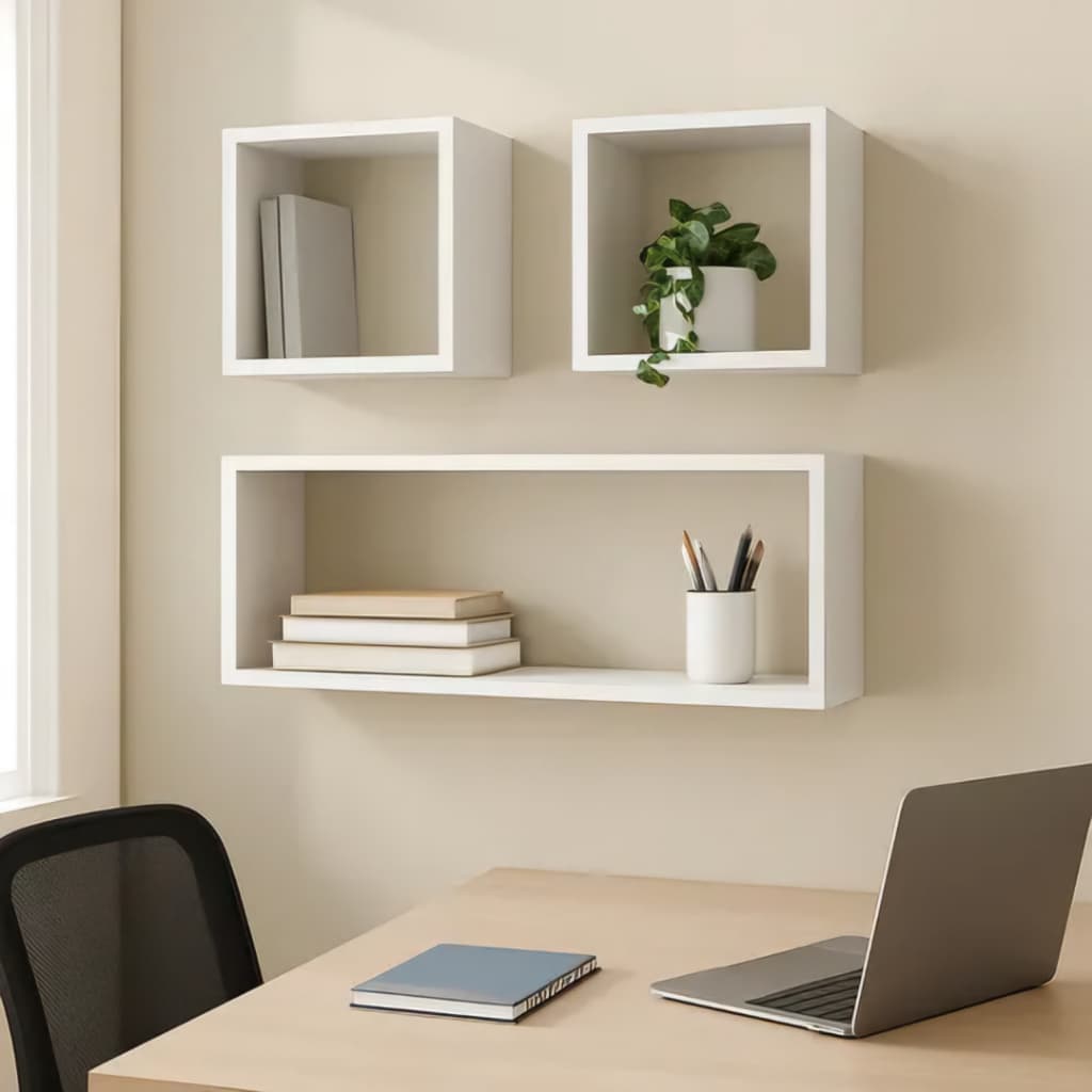Kit Nichos MDF 3 Peças Decorativos Parede Sala Quarto Escritório Branco Moderna Minimalista Home Office