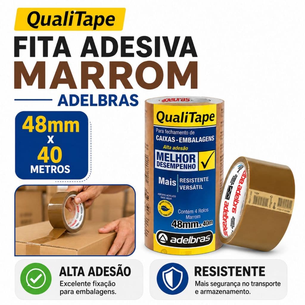Kit Fita Embalagem Fecha Caixa Durex Adelbras 48mm X 40m Marrom 4 Unidades Marrom