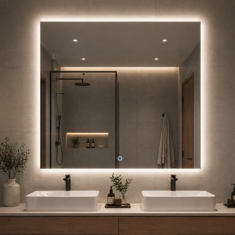 Espelho Quadrado com Botão Touch 40x40 Lapidado LED mais Forte de 3 Cores Banheiro Lavabo Quarto