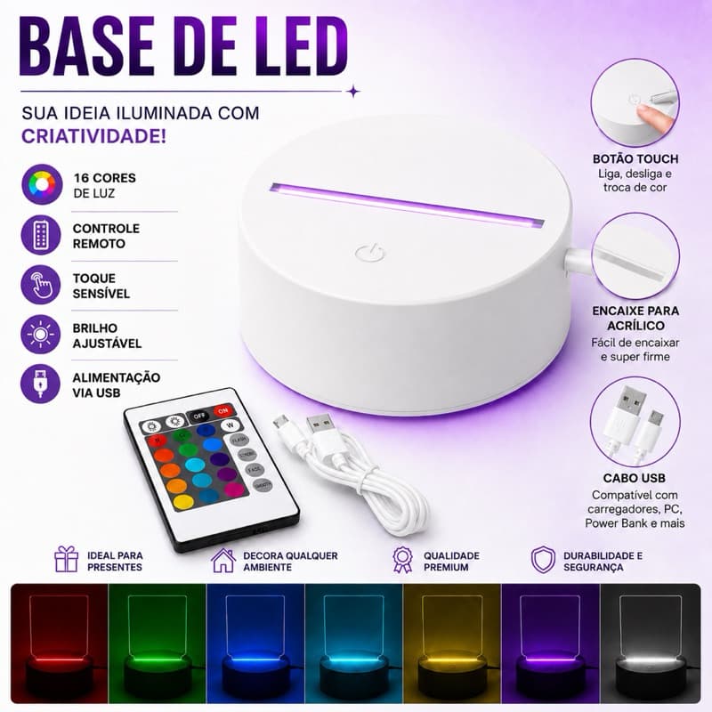 BASE LED RGB TOUCH 3D PARA ACRÍLICO LUMINÁRIA USB 7 CORES BASE BRANCA/PRETA