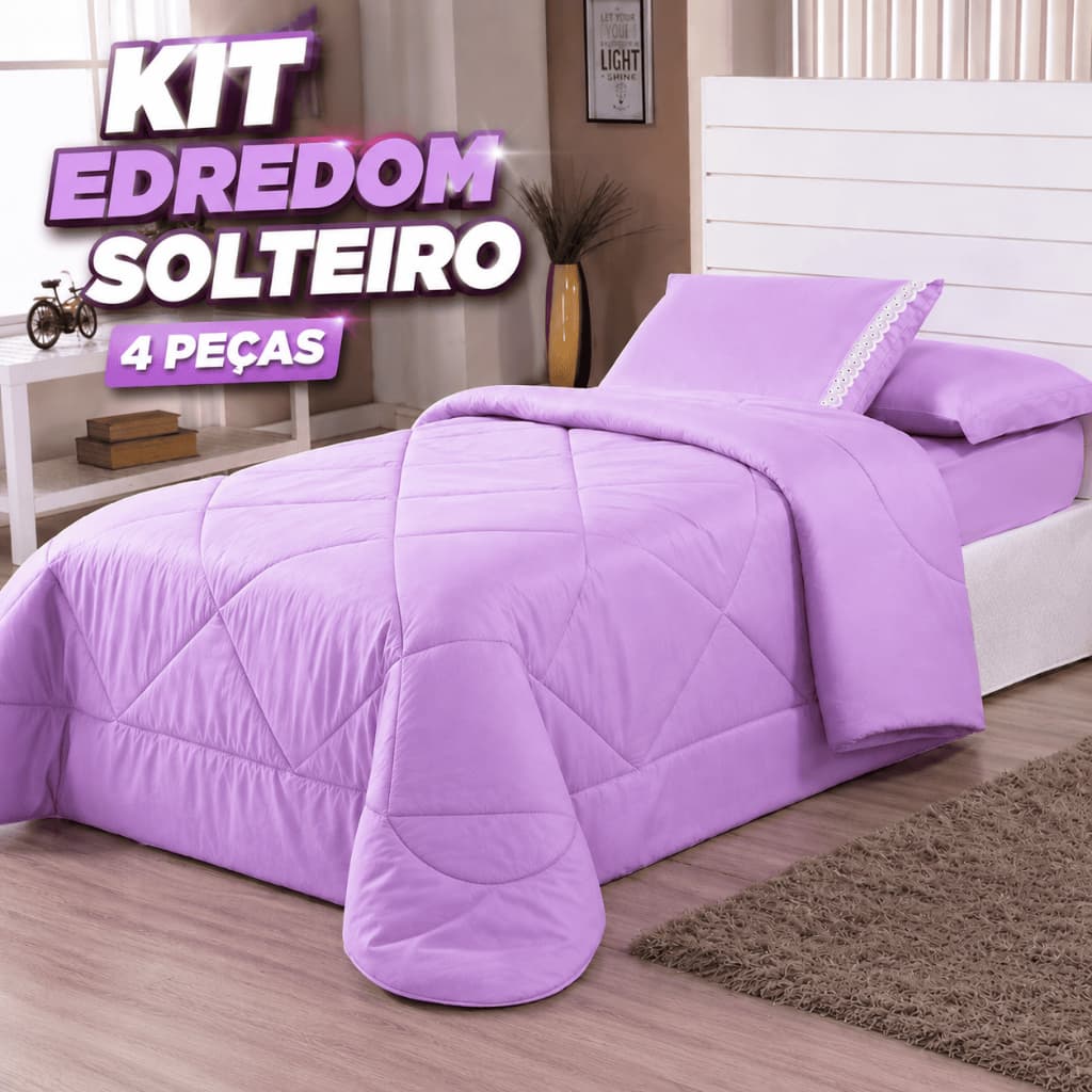 Kit 4 Pçs Edredon Solteiro Df + Jogo De Lençol 2 Pçs Lilás