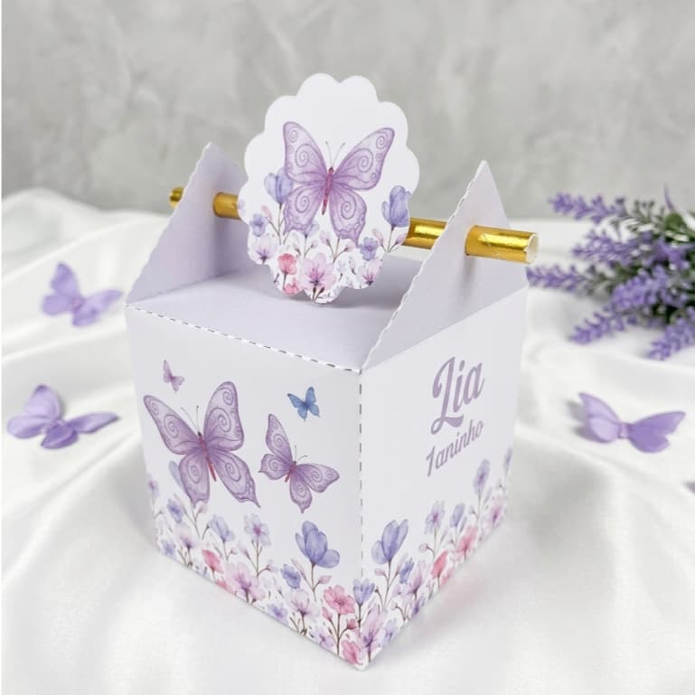 Caixa Canudo Personalizada Jardim Encantado - Borboletas Lilás PEGUE E MONTE