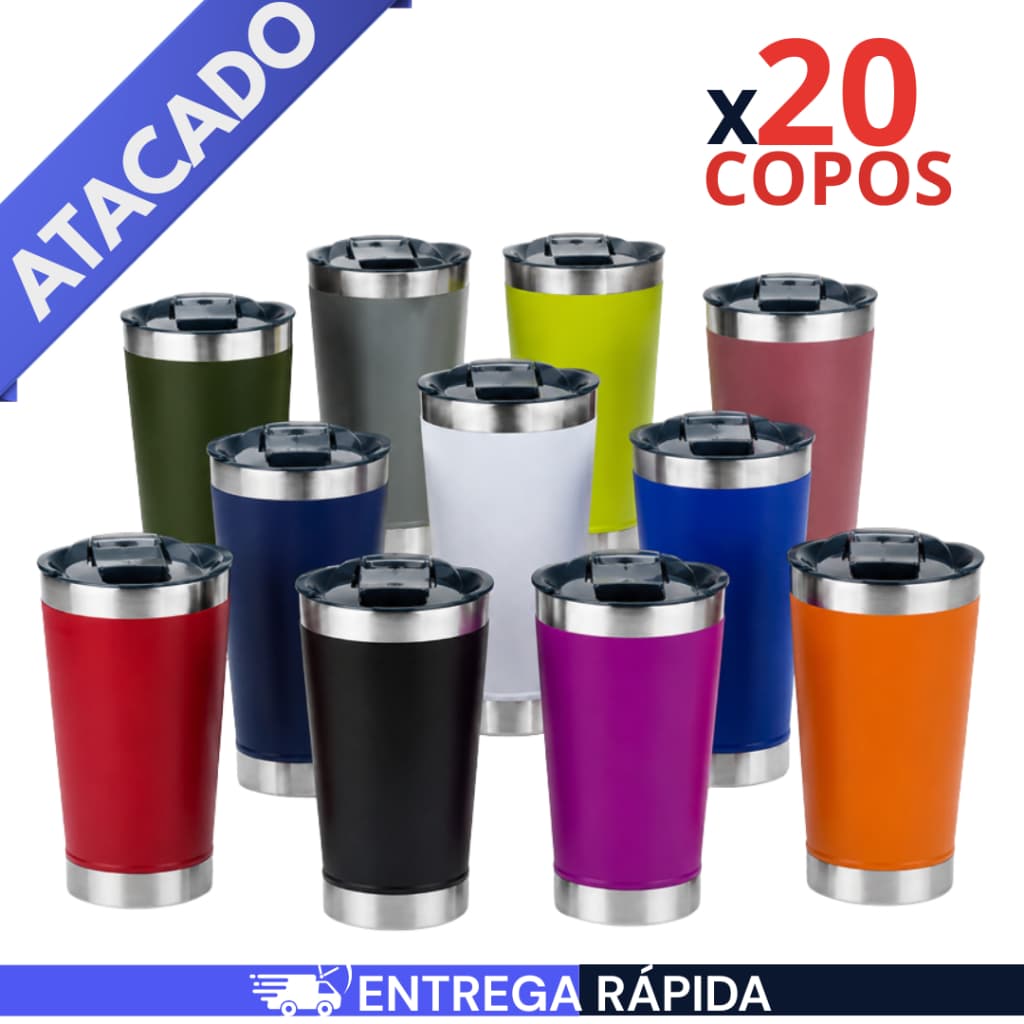 Kit 20/10/5 Copos Termicos 473ml Com Tampa e Abridor Isolamento Térmico Copo Inox Atacado Sortidos