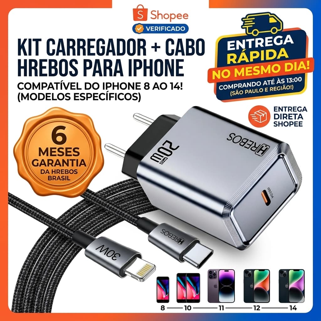 Carregador Turbo + PD Para iPhone 8 ao 14 Hrebos Axion Charge 20W USB-C PD + Cabo Lightning 1 Metro CRG-262CI
