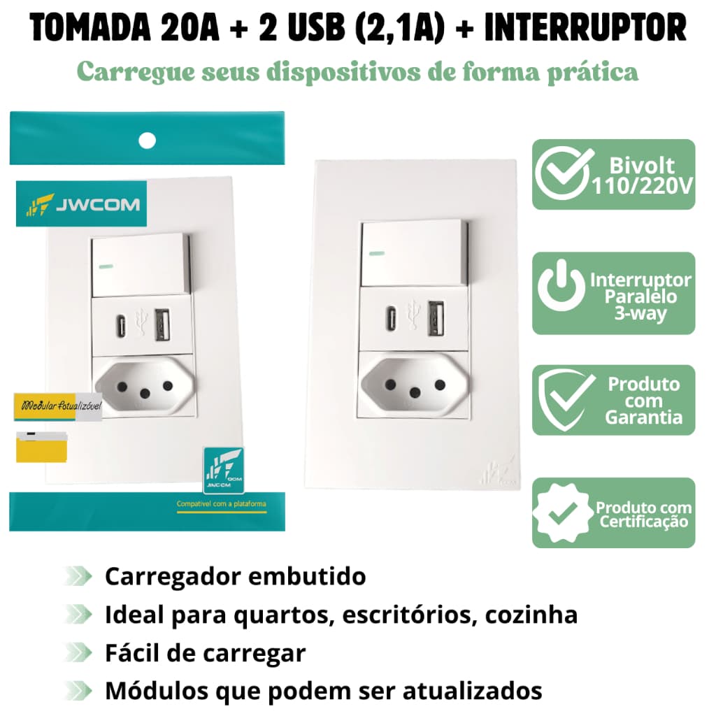 Tomada 20A USB Tipo C + USB A + Interruptor Paralelo 10A Padrão 4x2 Bivolt Inmetro