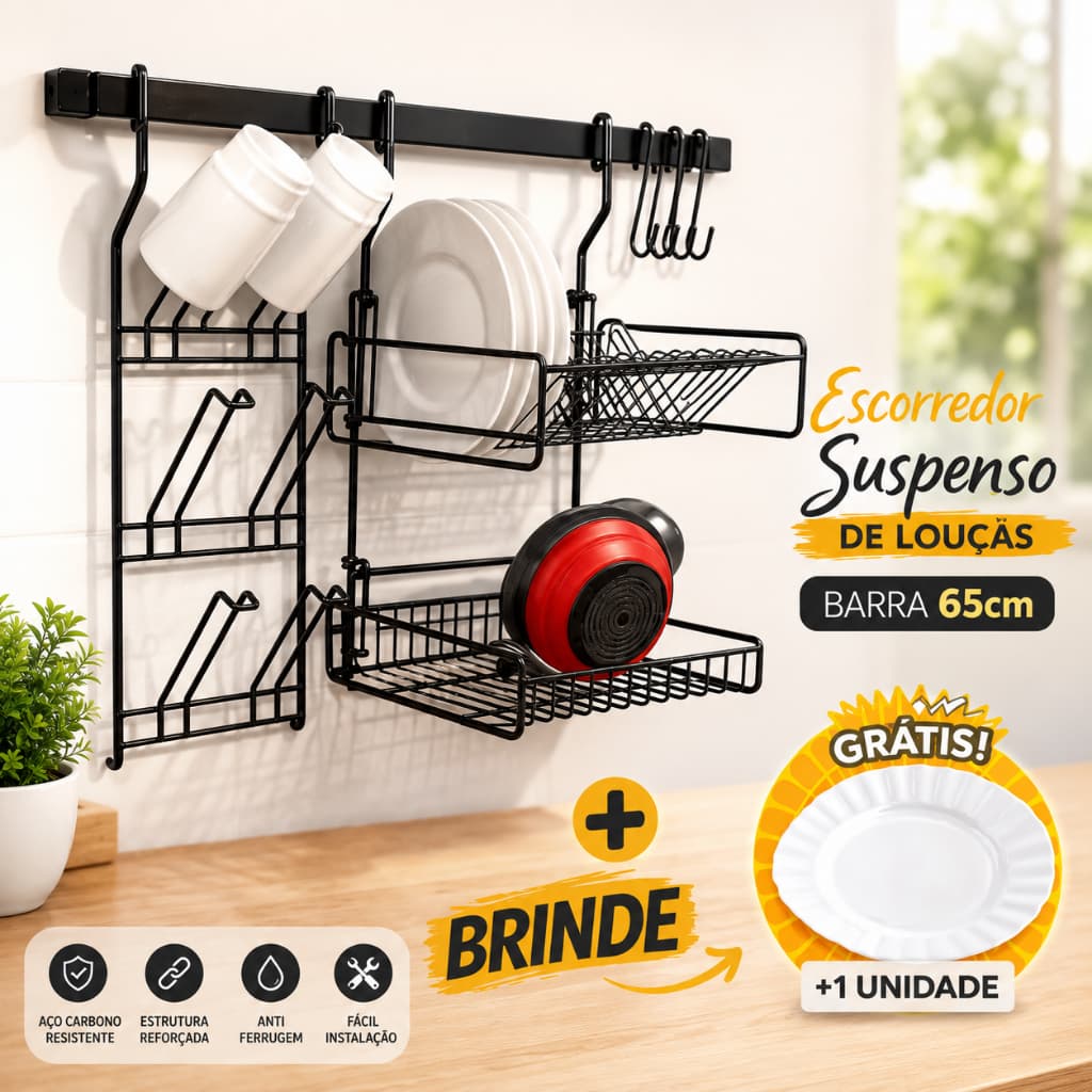 Escorredor Suspenso de Louça 65cm Aço Modular Cook Home Porta Pratos e Copos Organizador Cozinha + Prato de Brinde