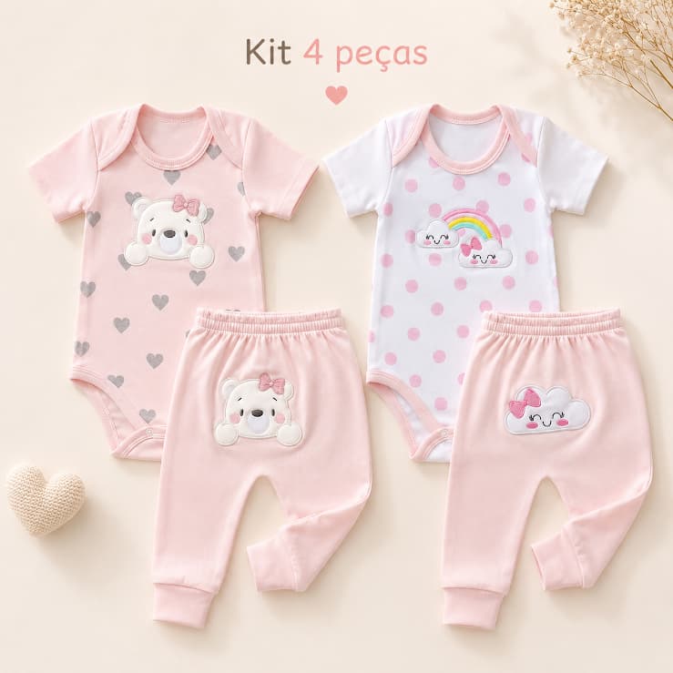 COMBO 2 CONJUNTOS DE BODY E CALÇA BORDADO E ESTAMPADO DELICADOS PARA PRESENTE E PARA SEU BEBÊ