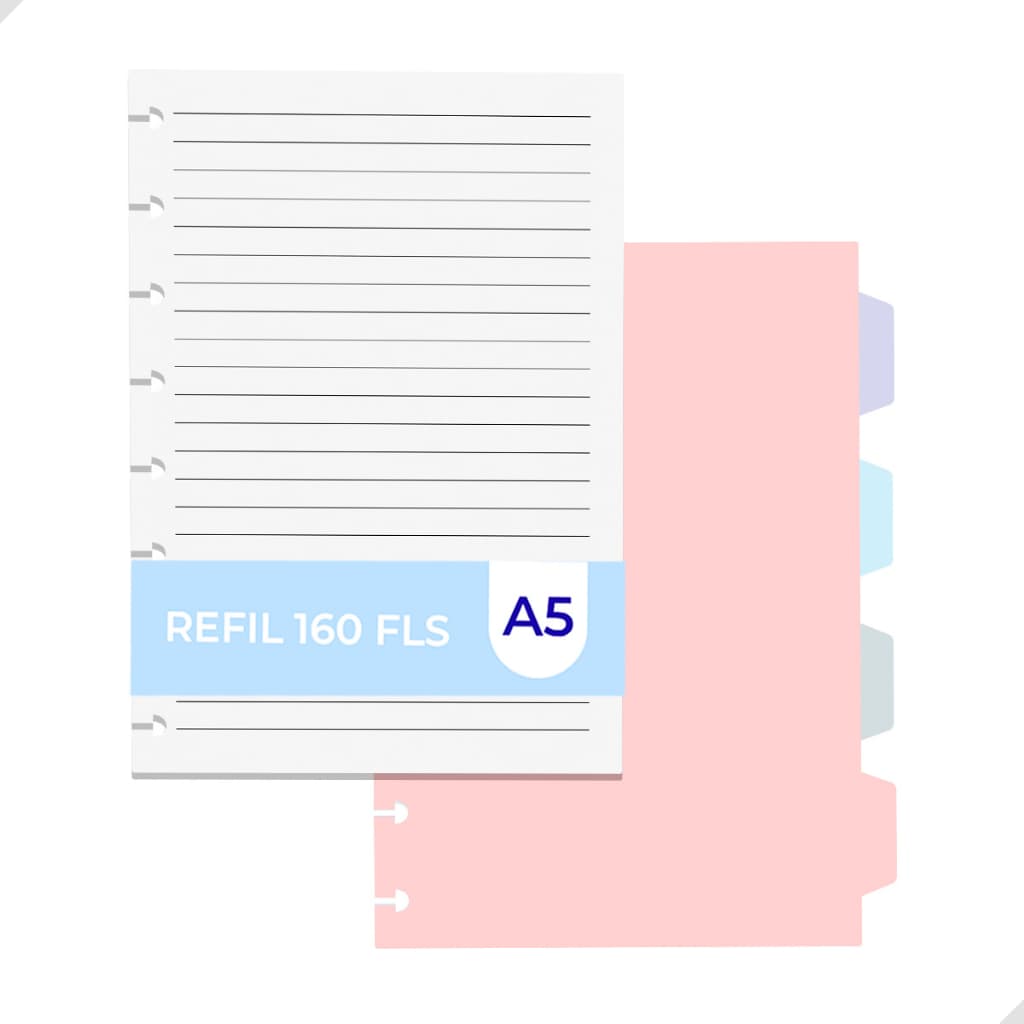 Kit 4 Divisórias A5 Coloridas + Refil 160 Folhas 8 Discos Caderno Inteligente Material Escolar