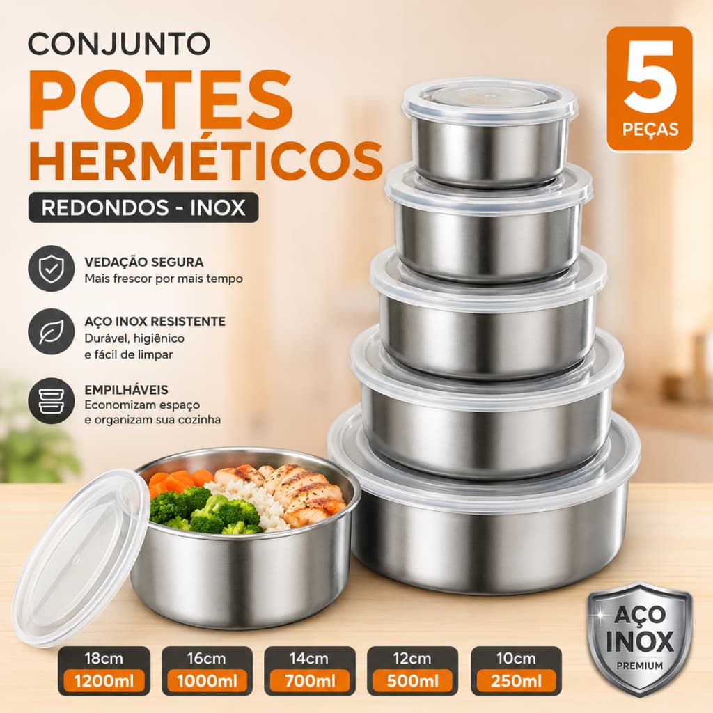 Conjunto 5 Potes Hermeticos Redondos com Tampa - Inox