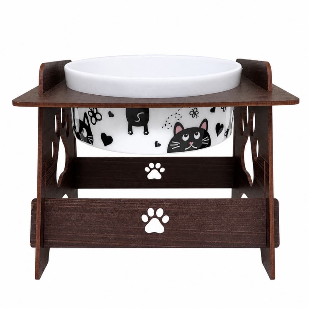 Comedouro Gato Elevado Ração e Água para Gatos em Mdf Tigela Porcelana 300Ml