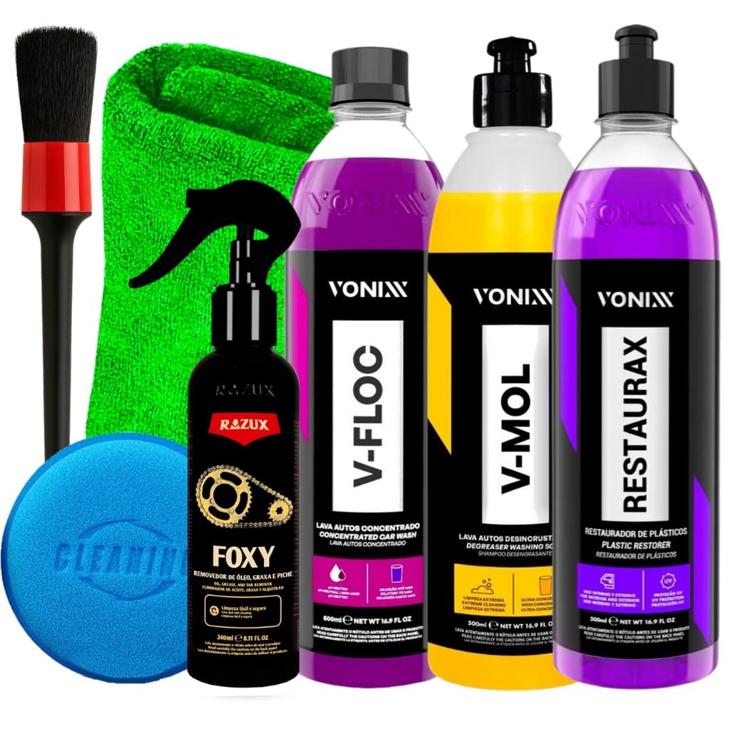 Kit Vonixx Limpeza Automotiva Shampoo V-Mol V-Floc Revitalizador Restaurax Desengraxante Foxy Razux Acessórios Karbox