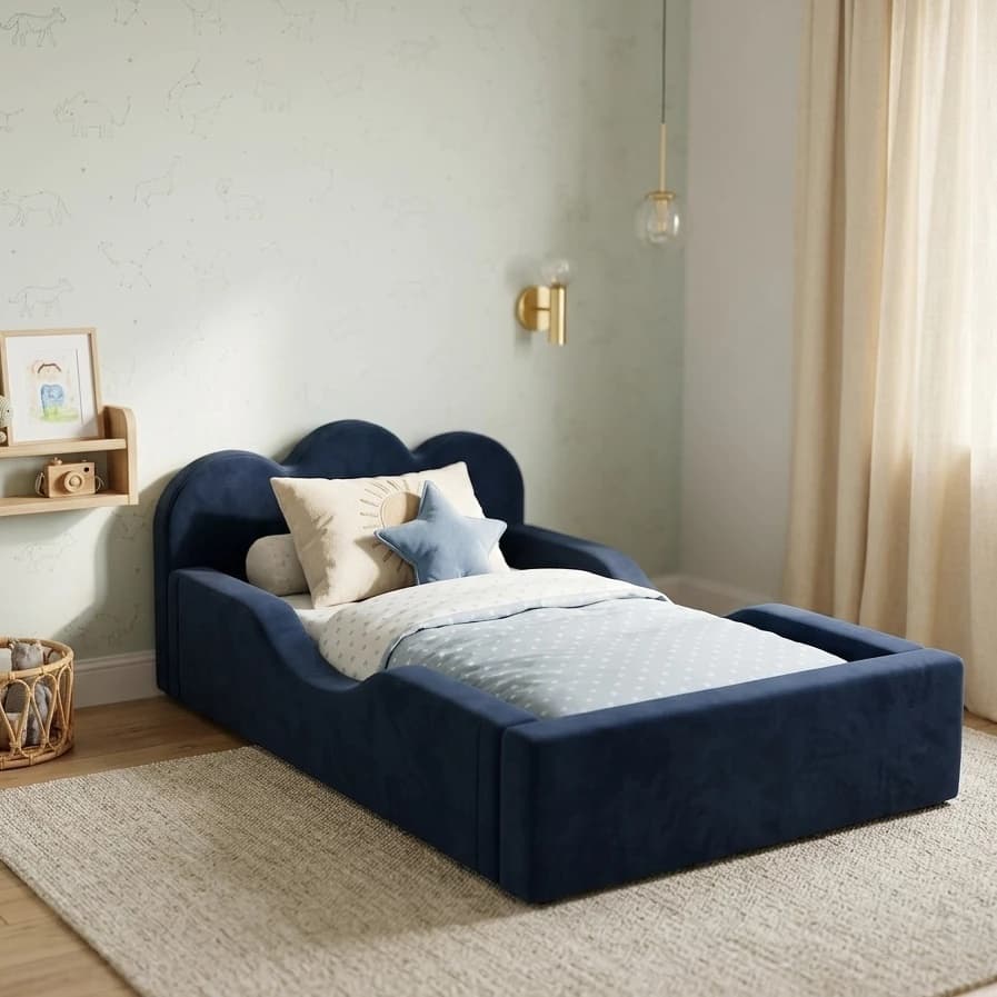 Mini Cama Infantil Montessoriana Pompom Espuma D26 Soft Proteção Lateral Bege Rosa Azul Com Colchão
