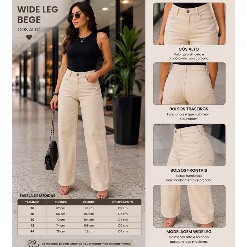 Calça jeans feminina Wide Leg bege