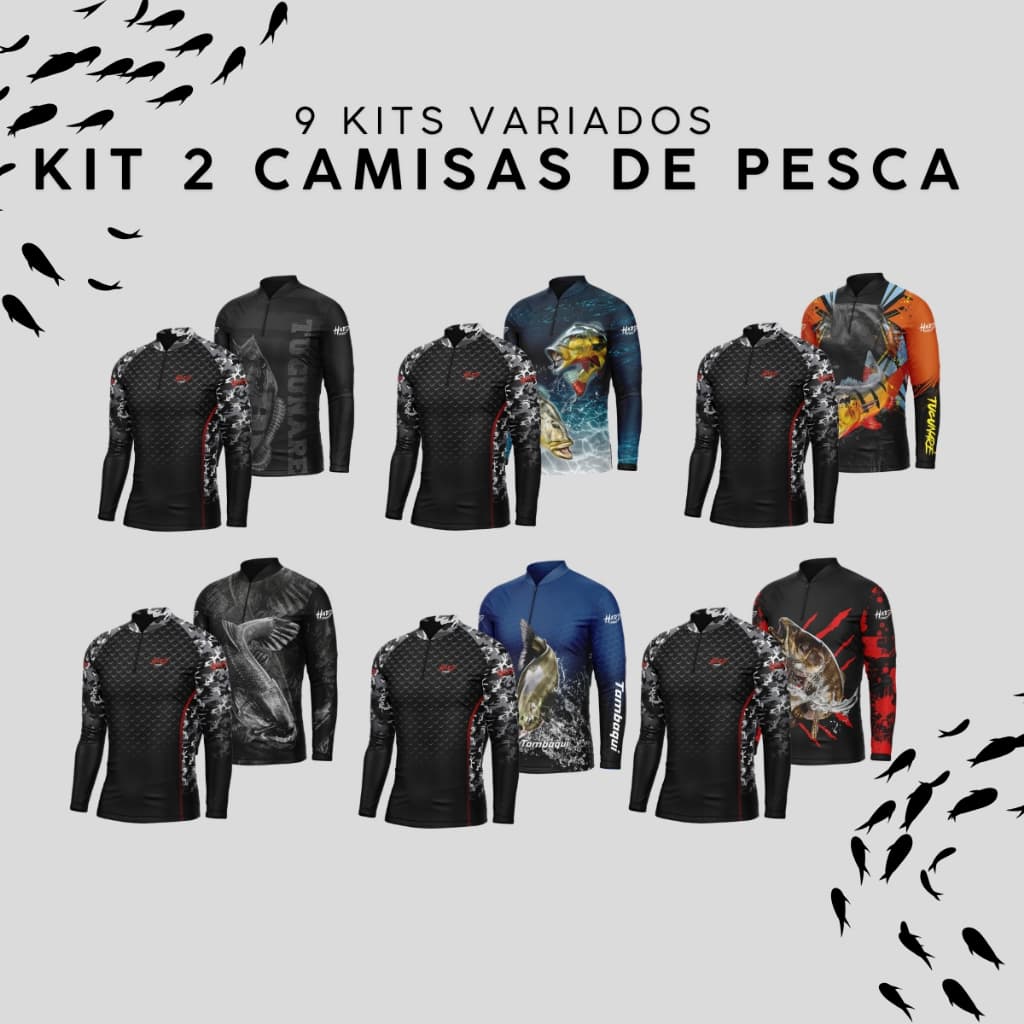 Kit 2 Camisas Pesca Estampa Camuflada e Peixes DryFit com Proteção UV50+
