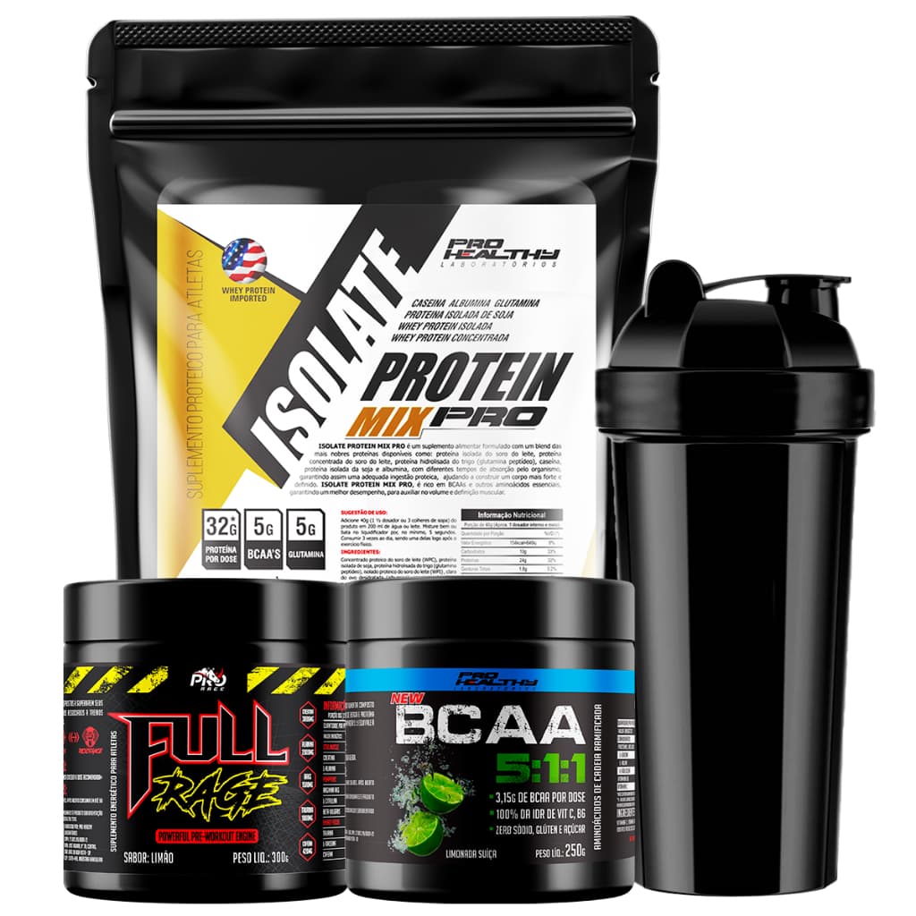 Kit Pro Heathy Isolate 900g + Bcaa 5:1:1 + Pré Treino Full Rage e Brinde Coqueteleira