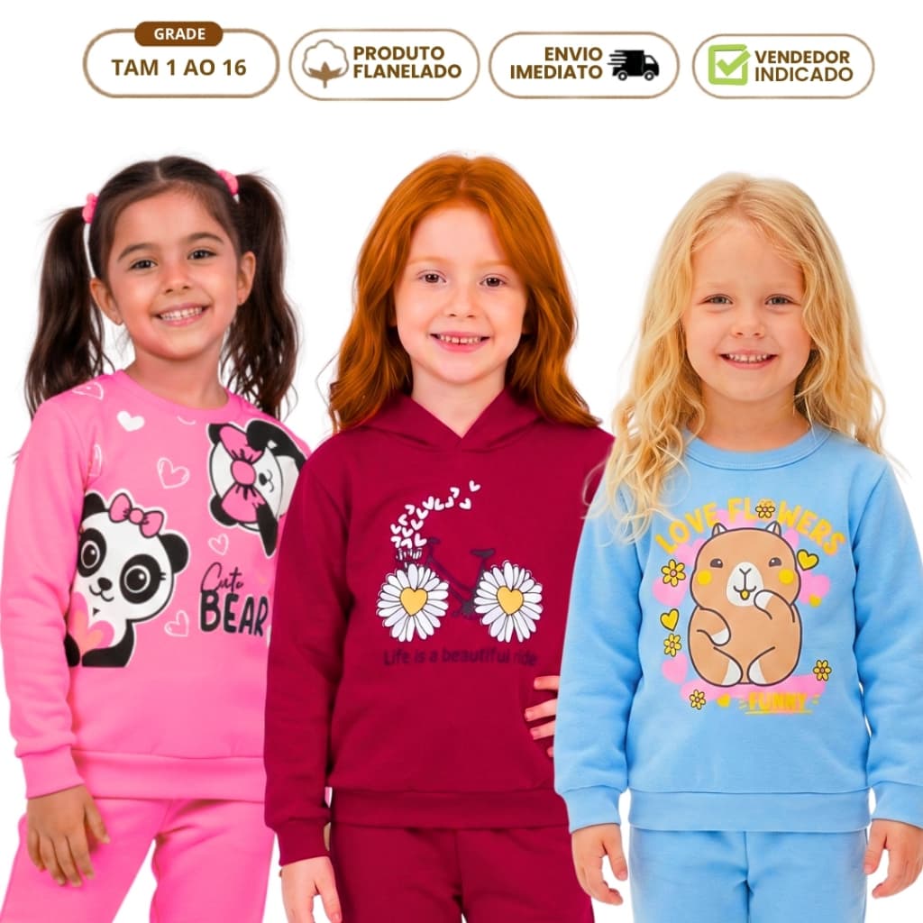Kit 2  Blusa de Moletom Infantil Menina Feminina Juvenil  Flanelada Quentinha Inverno  do 1 ao 16