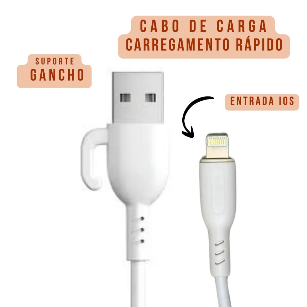 Cabo Lightning iPhone 1M Kaidi KD-105A 3A Carregamento Rápido com Gancho
