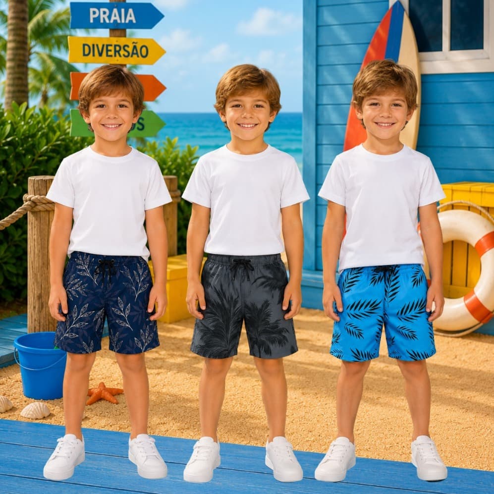 Kit 3 Shorts Infantil Masculino Mauricinho Tactel Grosso Premium C Bolso Bermuda Moda Praia Menino