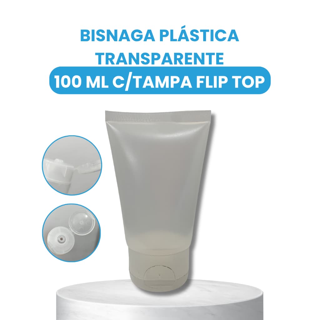 BISNAGA PLÁSTICA TRANSPARENTE 100 ML C/TAMPA FLIP TOP (50UNIDADES)