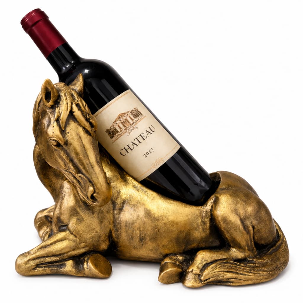 Porta Vinho Decorativo Cavalo Dourado – Escultura Luxo para Garrafa