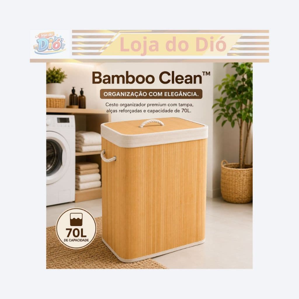 Cesto Organizador de Bambu 70L com Tampa e Alças Bamboo Clean Lavanderia Quarto Banheiro Decorativo