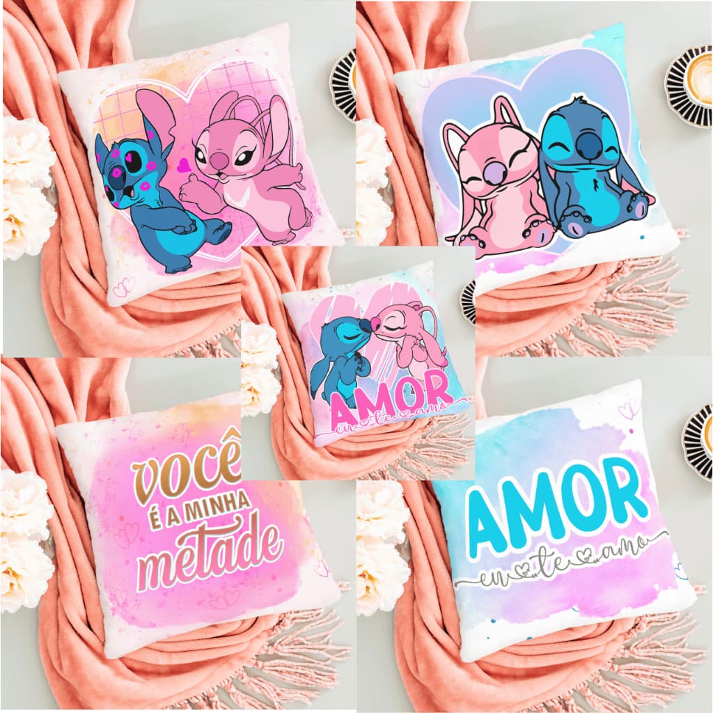 Kit 5 ALMOFADAS NAMORADOS STICH E ANGEL TAMANHO 20x20