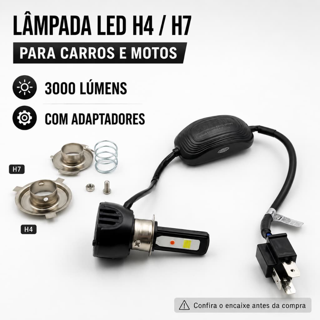 Lâmpada Led H4 H7 Farol Moto Carro 3000 Lumens Com Adaptador Luz Forte