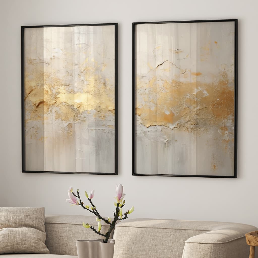 Kit 2 Quadros Modernos Abstratos com Moldura Decoração Sofisticada Tons Neutros com Dourado