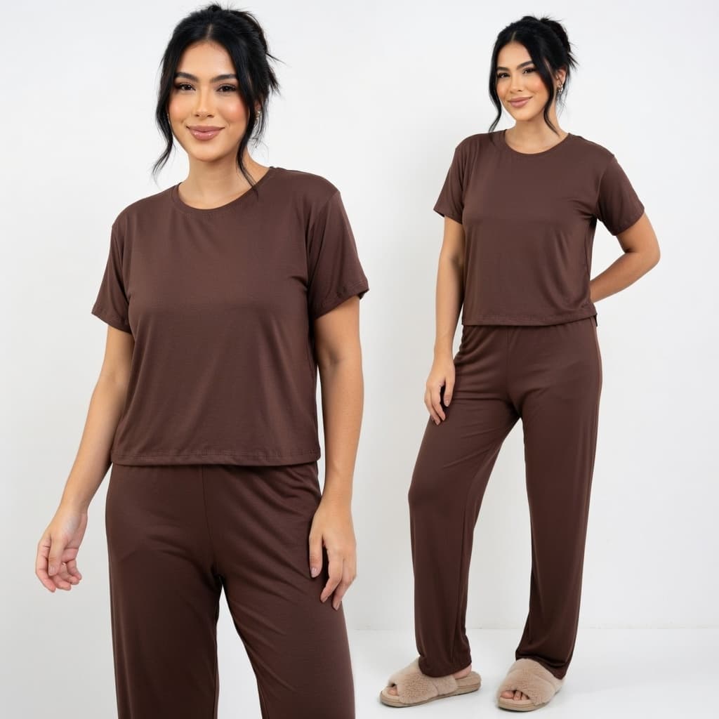 Pijama Feminino Conjunto Calça + Blusa Manga Curta em Malha PV Soltinho Confortável