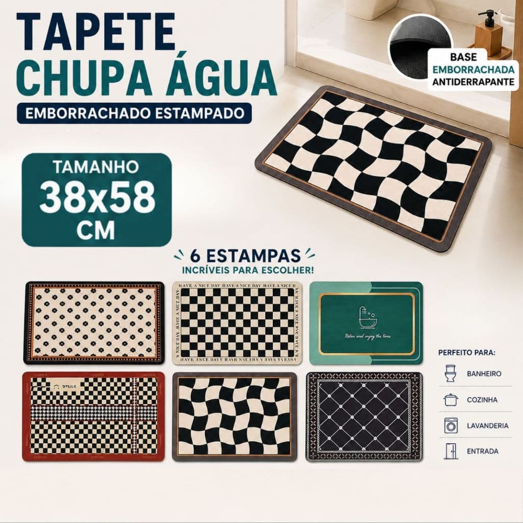 Tapete Chupa Água 38x58 Emborrachado Antiderrapante Banheiro Cozinha Estampado Decorativo