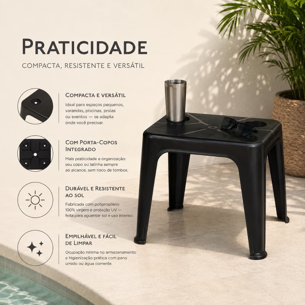 Mesa Porta Copos Mesa Plástica Compacta C/ Porta Copos Integrado Mesa Praia Varanda Quintal - Mor