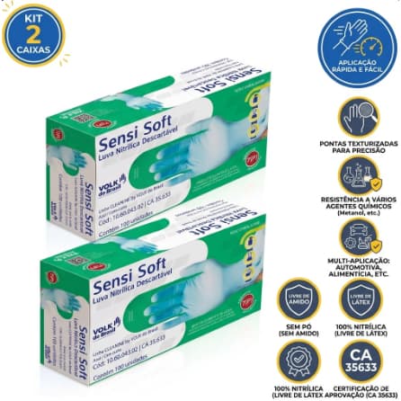 Kit 2 Caixas Luva Nitrílica Volk Azul CA 35633 Sem Pó Mecânica Alimentos Descartável Resistente