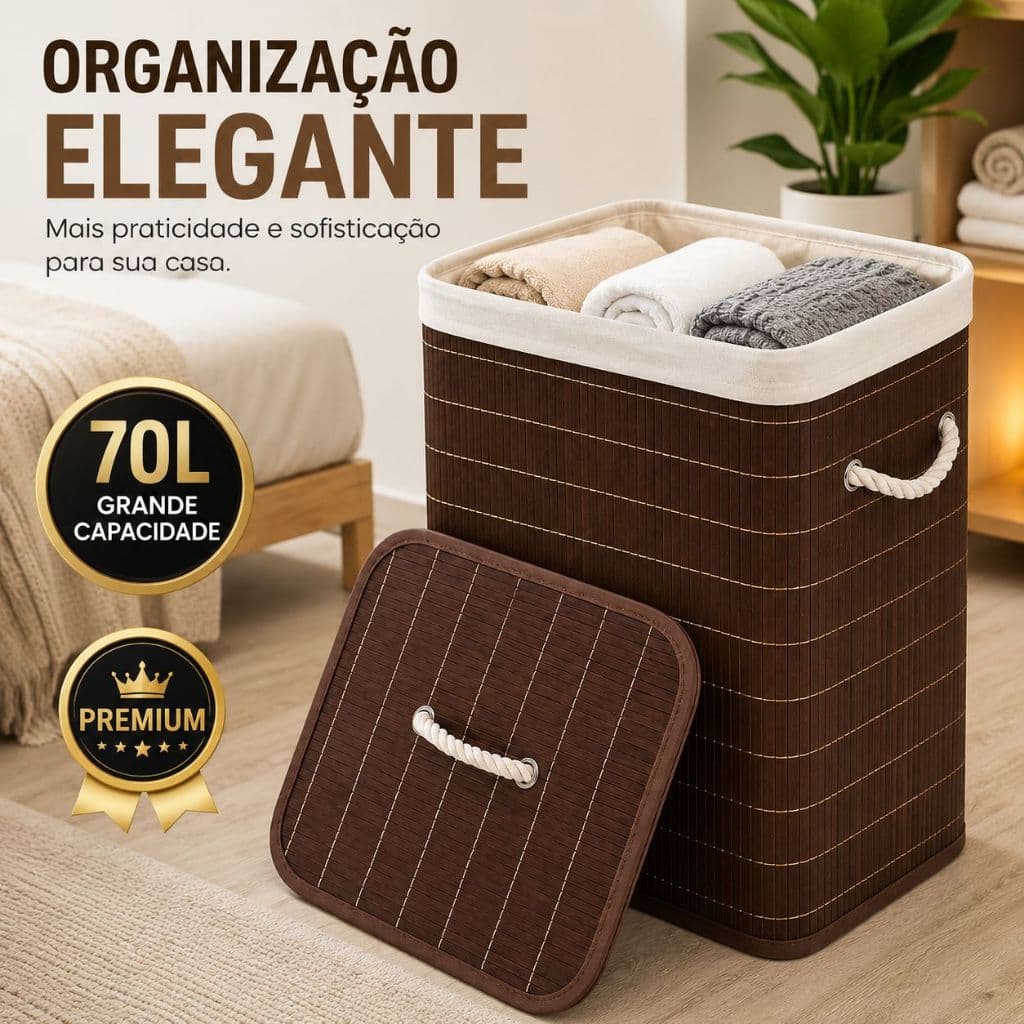 Cesto de roupa de Bambu 70L com Tampa e Alças | Cesto Multiuso para Roupas e Organização - Marrom