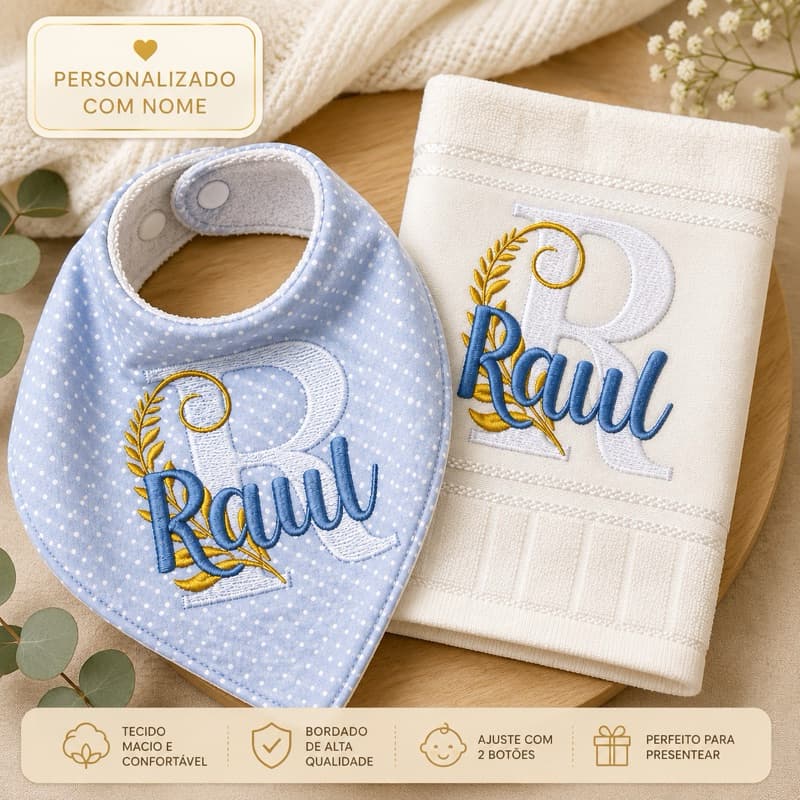 Kit Toalha de Boca + Babador Bandana Personalizado com Nome e Inicial Bordada Bebê