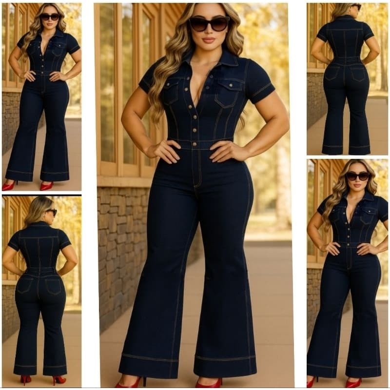 Macacão Flare Feminino Manga Curta Jeans Premium Modelador com laycra Luxuoso 40 a 48