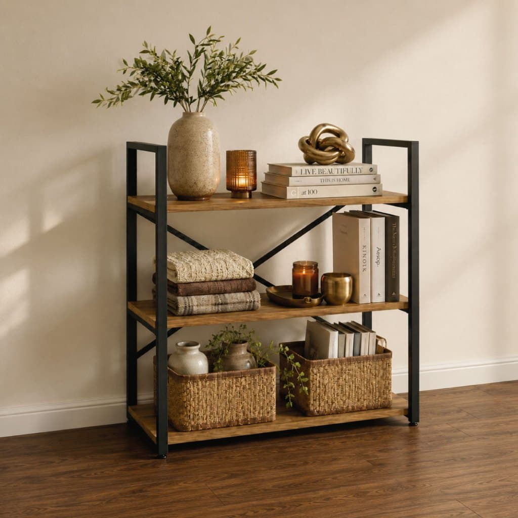 Estante De Aço Industrial Organizador 03 Prateleiras Madeira MDF Multiuso Decorativa