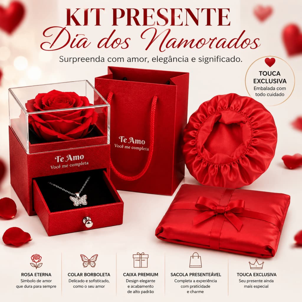Kit Presente Dia dos Namorados Caixa Rosa Vermelha com Colar Touca de Cetim e Sacola