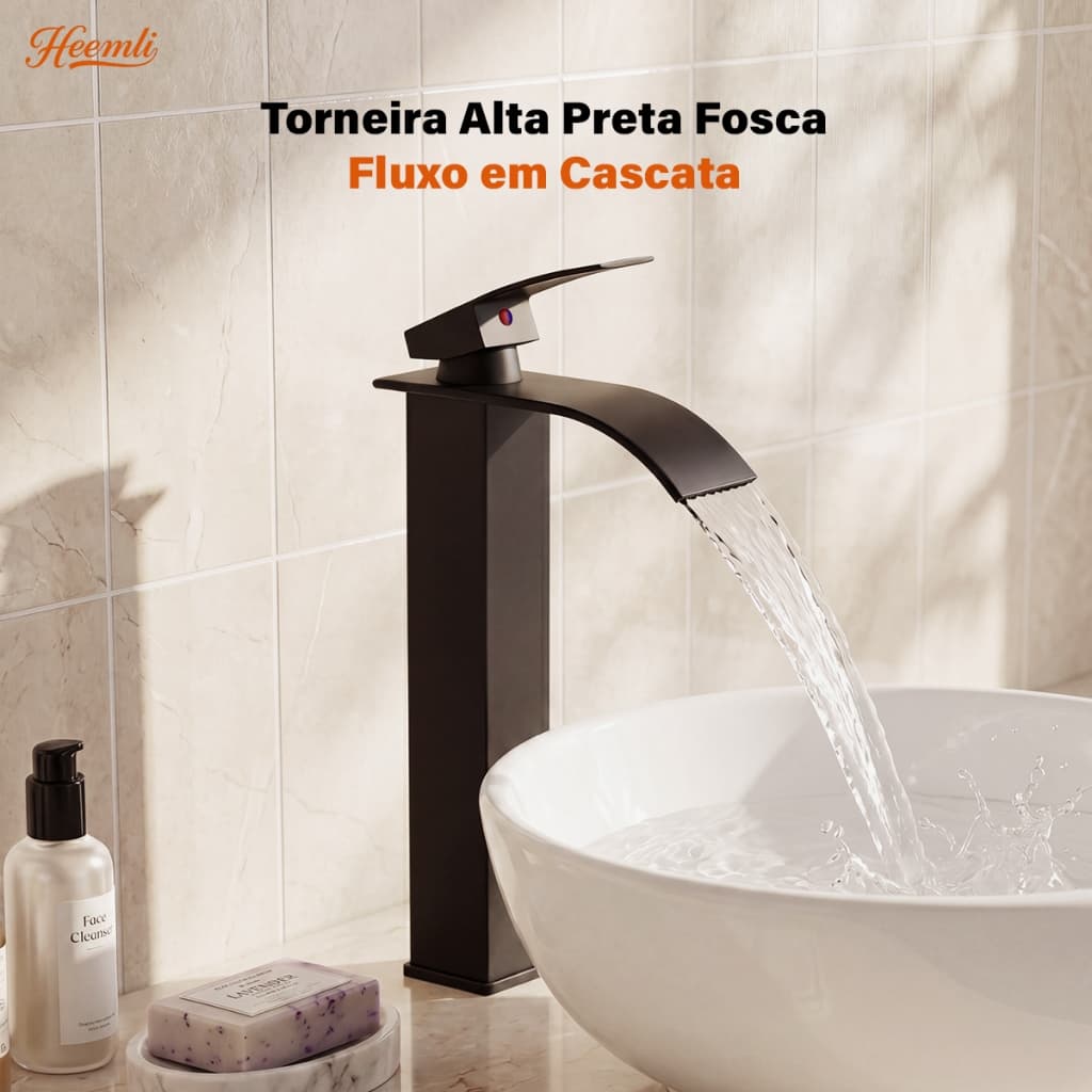 Heemli Torneira para Lavatório Monocomando Inox Preta Água Quente e Fria Bica Alta Cascata
