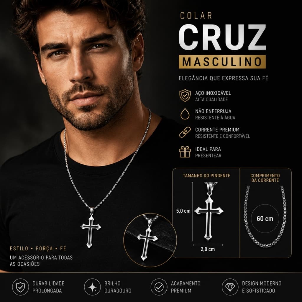 Corrente Masculina Cruz Prateada Em Aço Titânio Colar Resistente Estilo Moderno Luxo