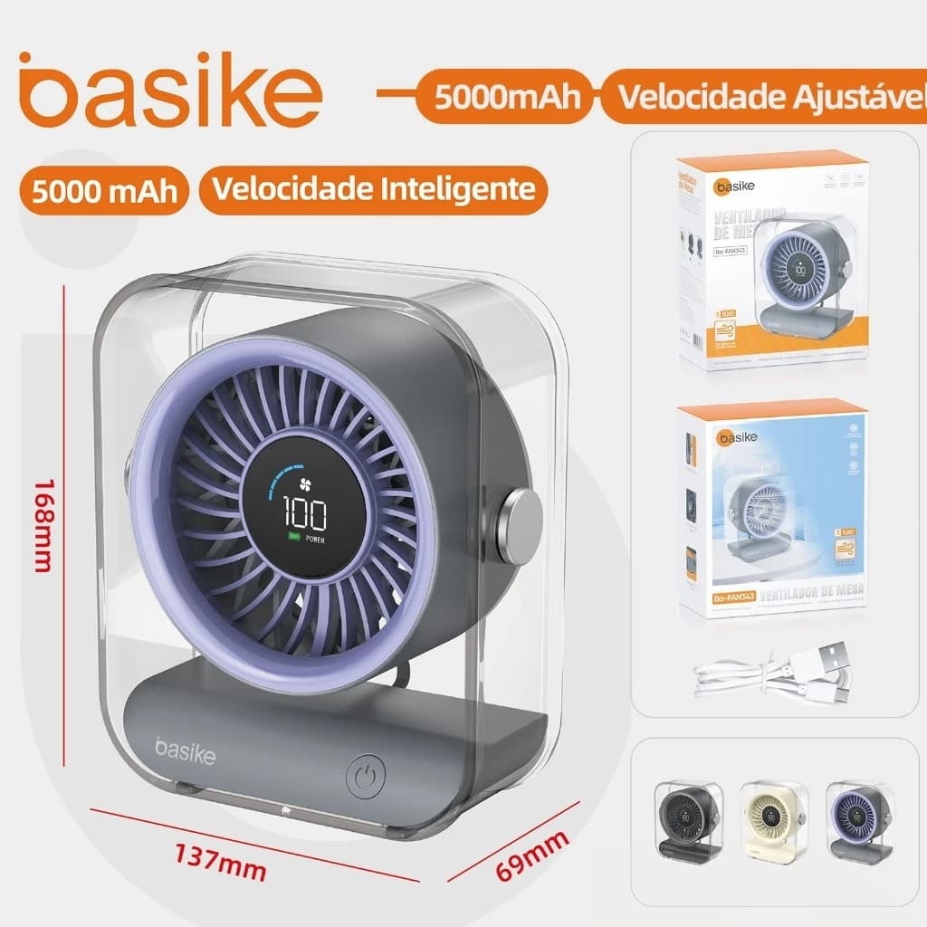 Ventilador Pequeno de Mesa Portátil, Silencioso e Potente com Display Digital, 3 Velocidades, Ajuste de Ângulo Sem Ruído
